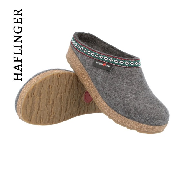 Haflinger Grizzly GZ Gray Wool Slippers with Patterned Trim size 42 - Picture 1 of 15